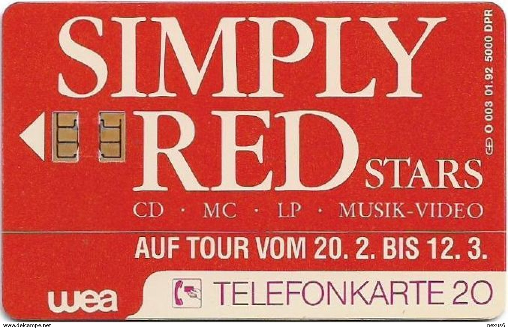 Germany - WEA Musik 1 - Simply Red - O 0003 - 01.1992, 20U, 5.000ex, Mint - O-Serie : Serie Clienti Esclusi Dal Servizio Delle Collezioni