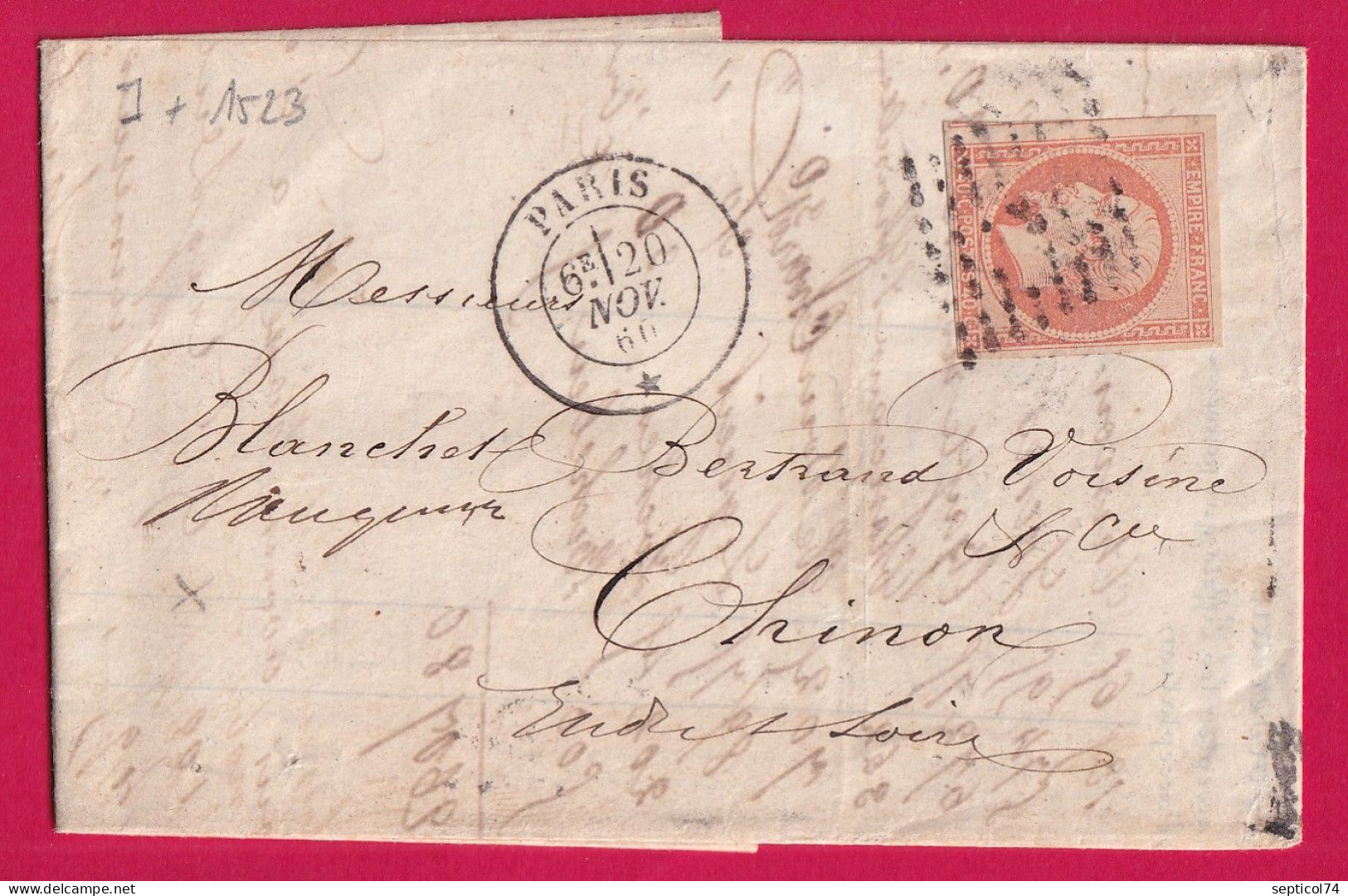 N°16 PARIS POTHION 1523 LOSANGE J POUR CHINON NIEVRE LETTRE - 1849-1876: Periodo Classico