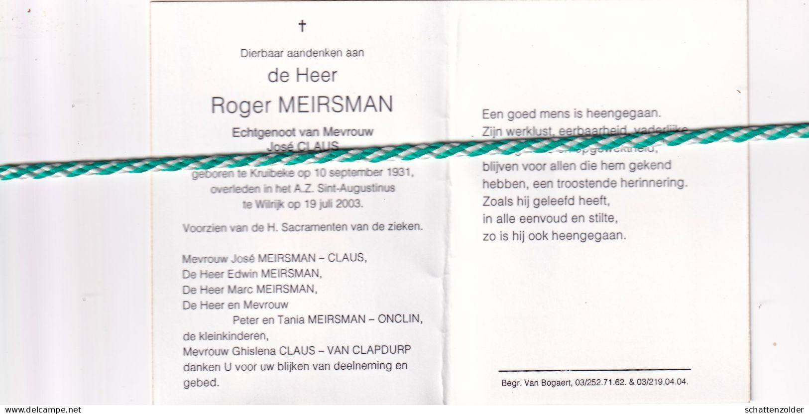 Roger Meirsman-Claus, Kruibeke 1931; Wilrijk 2003. Foto - Obituary Notices