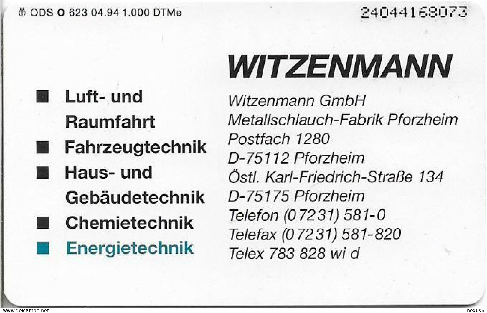 Germany - Witzenmann GmbH 2 - Energietechnik - O 0623 - 04.1994, 6DM, 1.000ex, Used - O-Series : Series Clientes Excluidos Servicio De Colección