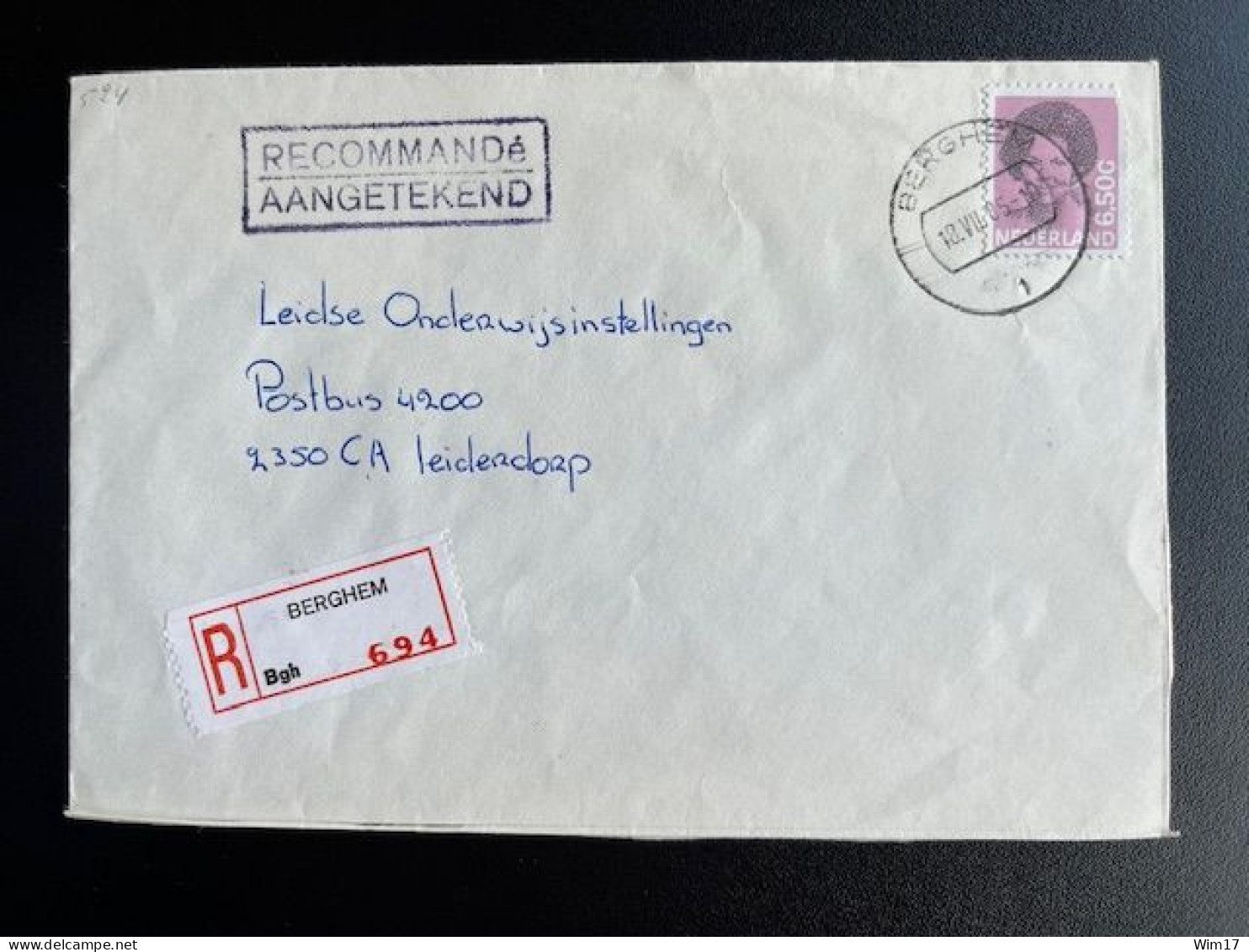 NETHERLANDS 1985 REGISTERED LETTER BERGHEM TO LEIDERDORP 18-07-1985 NEDERLAND AANGETEKEND - Storia Postale