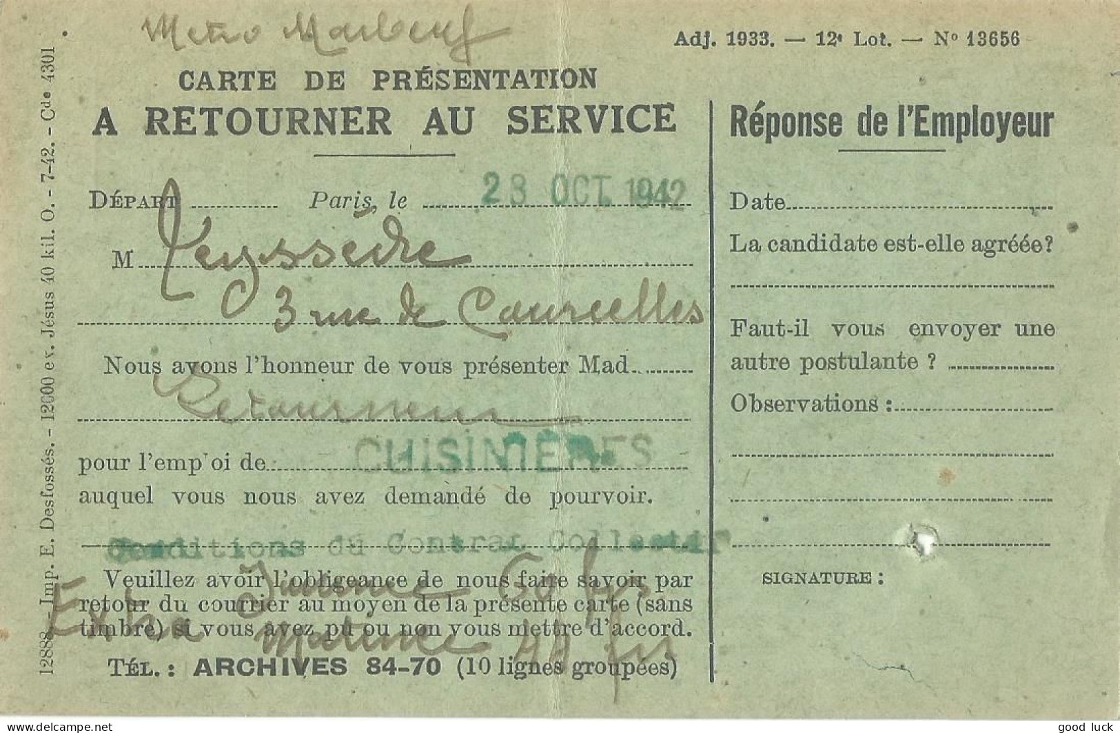 FRANCE CARTE OFFICE DU TRAVAIL PARIS ( UNE CUISINIERE ) DE 1942  LETTRE COVER - Lettres Civiles En Franchise