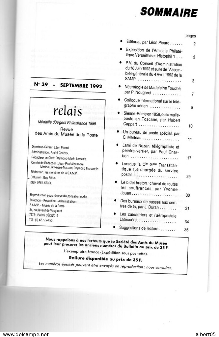 Relais - N° 39 - Septembr 1992 -   Revue Des Amis Du Musée De  La Poste - Avec Sommaire - Lami De Nozan - Philatelie Und Postgeschichte