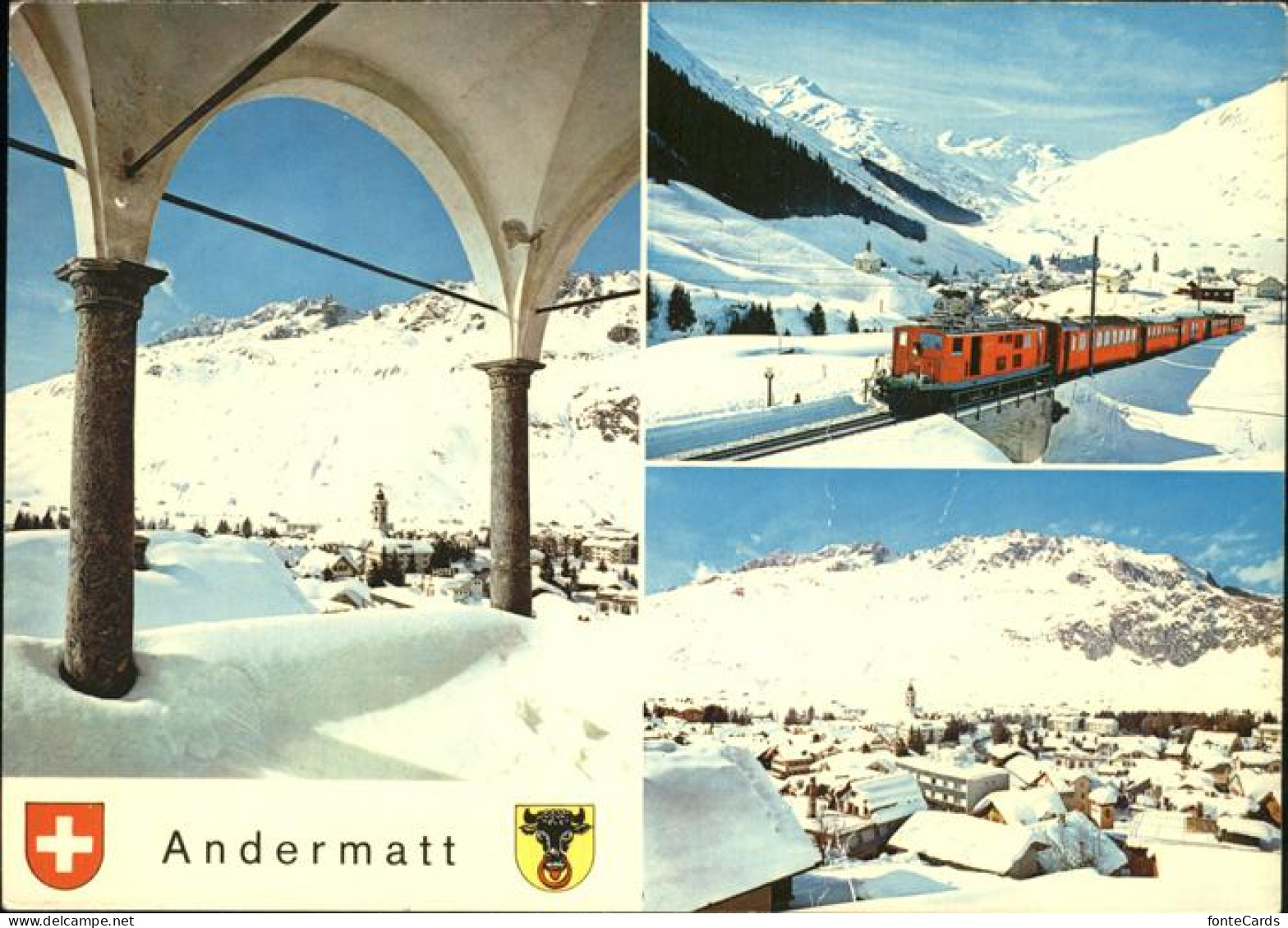 11451834 Andermatt Gesamtansicht Wintersportplatz Bergbahn Eisenbahn Wappen Alpe - Sonstige & Ohne Zuordnung