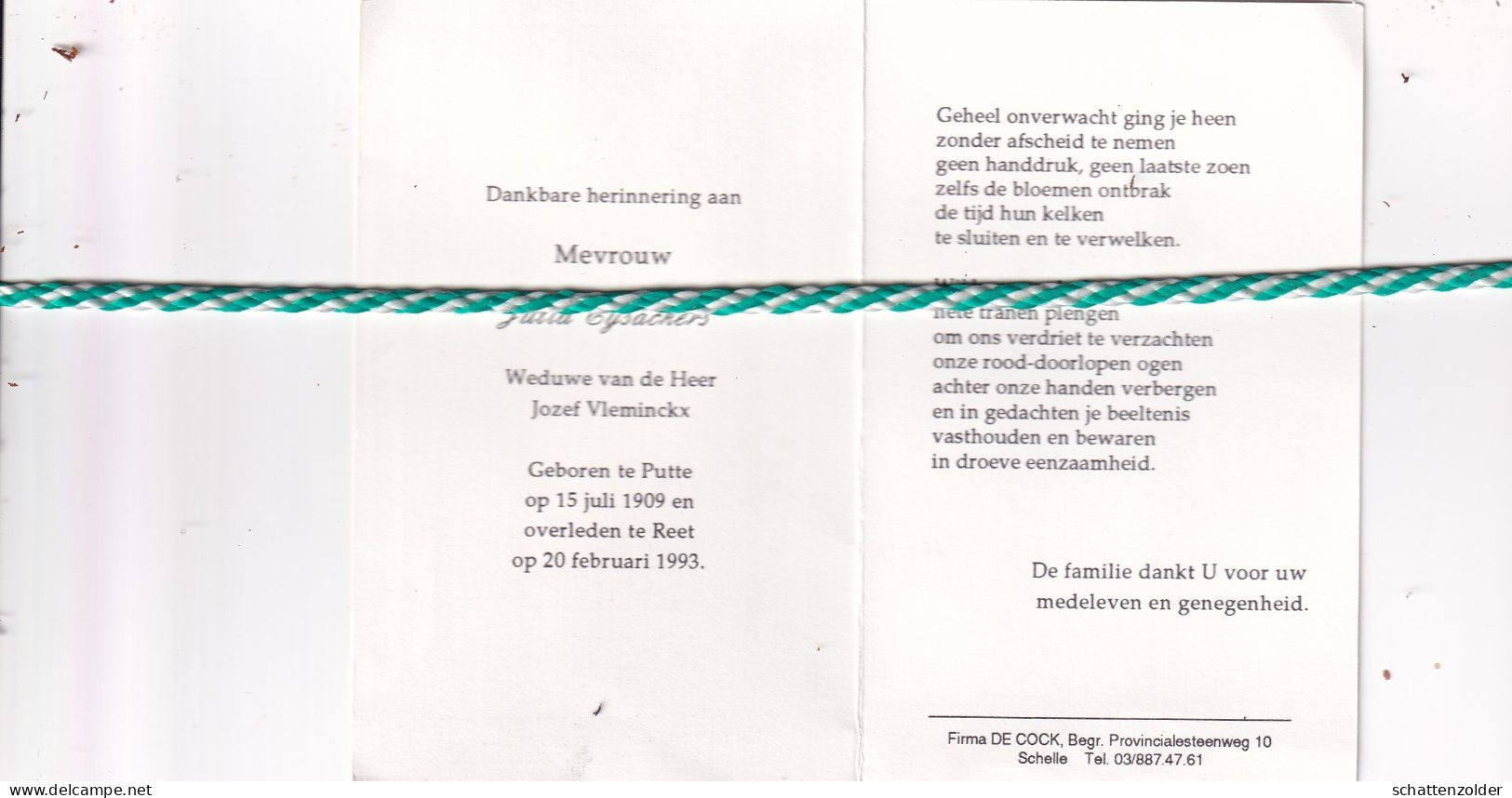 Julia Eysackers-Vleminckx, Putte 1909, Reet 1993. - Obituary Notices