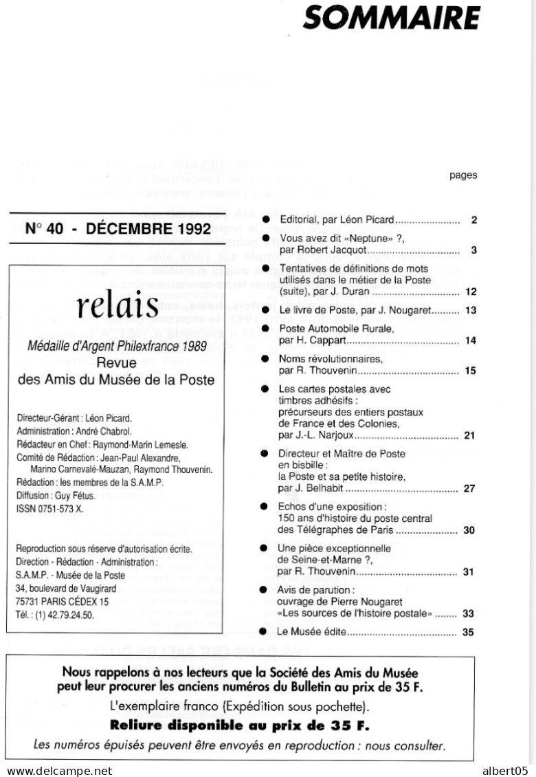 Relais - N° 40 - Décembre 1992 -   Revue Des Amis Du Musée De  La Poste - Avec Sommaire - Lettres Du Neptune - Philatélie Et Histoire Postale