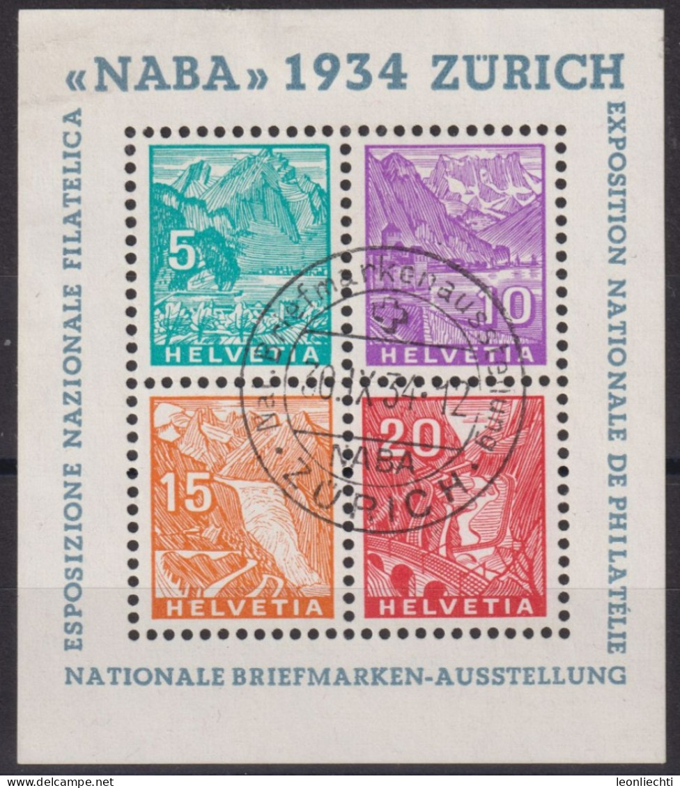 1934 NABA  Zürich Zum: W1 Mi: Bl.1, Gedenkblock, ⵙ Briefmarkenausstellung Zürich 30.lX.34 - Gebruikt