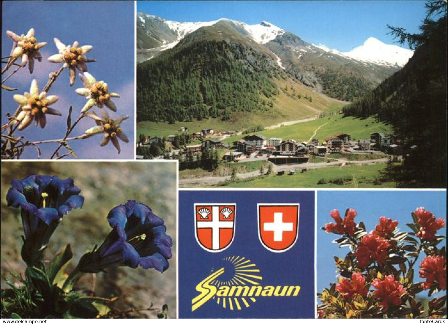 11439140 Samnaun Dorf Panorama Blumen Wappne Samnaun Dorf - Otros & Sin Clasificación