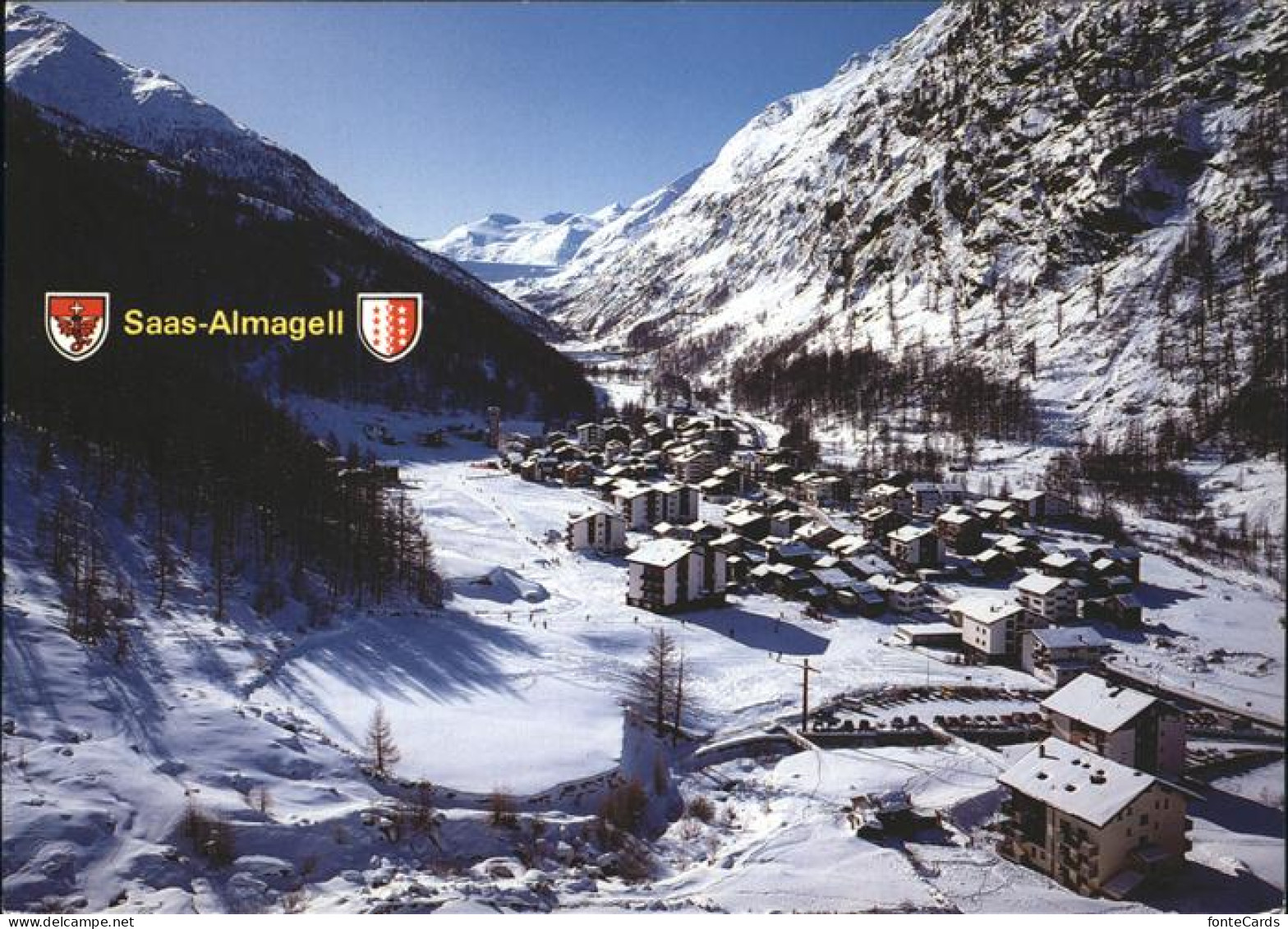 11439110 Saas Almagell Panorama Im Schnee Seewjinenhorn Rothoprn Wappen Saas Alm - Autres & Non Classés