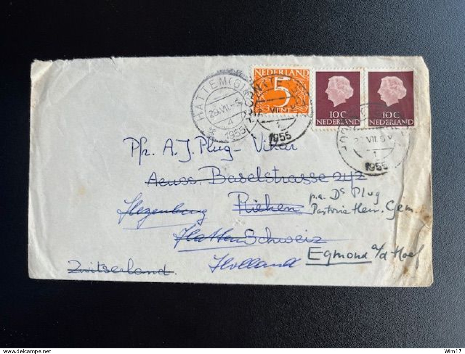 NETHERLANDS 1955 LETTER HOORN TERSCHELLING TO RIEHEN SWITZERLAND FORWARDED TO HATTEM AND EGMOND 22-07-1955 NEDERLAND - Storia Postale