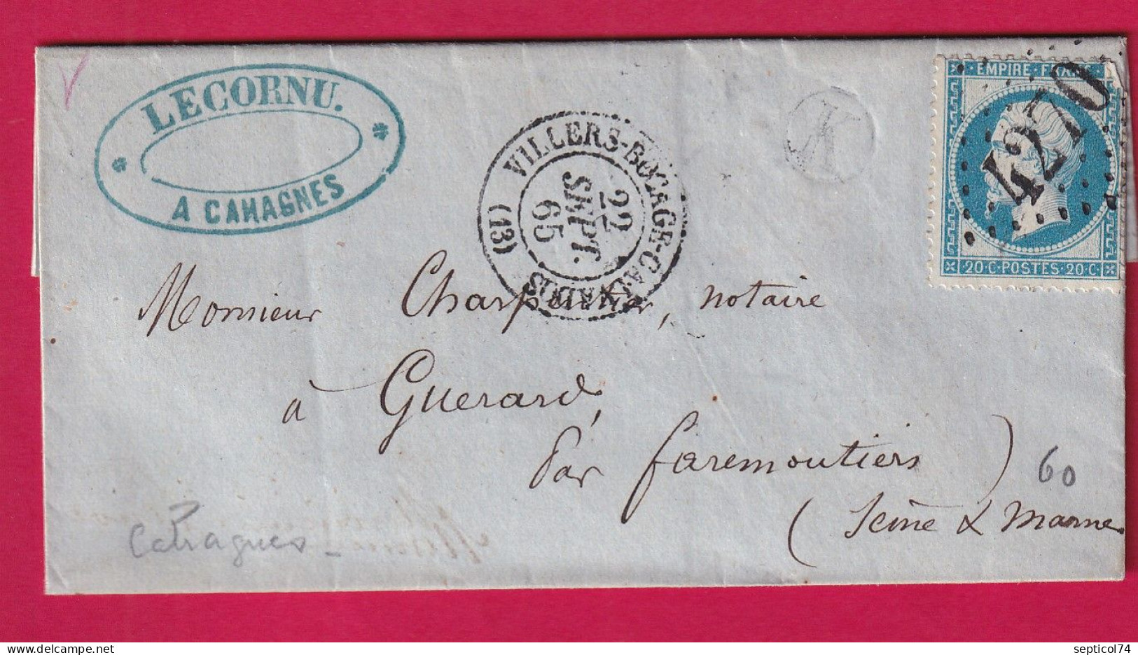 N°22 GC 4270 VILLERS BOCAGE CALVADOS BOITE RURALE K CAHAGNES POUR GUERARD SEINE ET MARNE LETTRE - 1849-1876: Période Classique