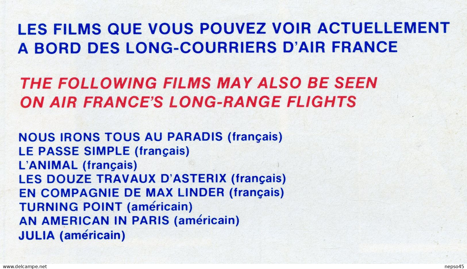 Air France.Programme De Films Projetés Pendant Le Vol.inflight Motion Pictures.Film " Le Passé Simple " Marie José Nat. - Otros & Sin Clasificación