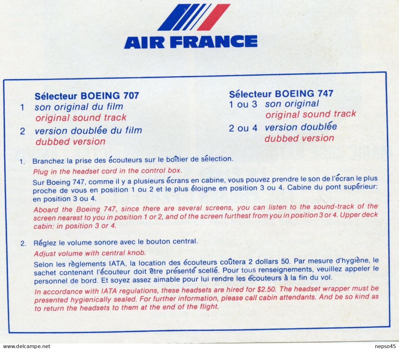 Air France.Programme De Films Projetés Pendant Le Vol.inflight Motion Pictures.Film " Le Passé Simple " Marie José Nat. - Altri & Non Classificati