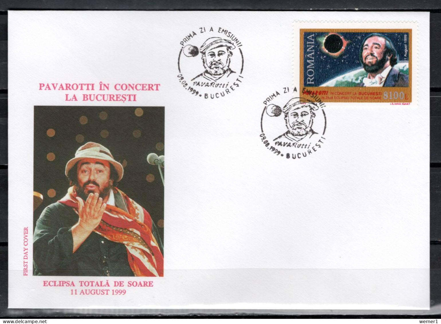 Romania 1999 Space, Total Eclipse, Luciano Pavarotti Stamp On FDC - Europe