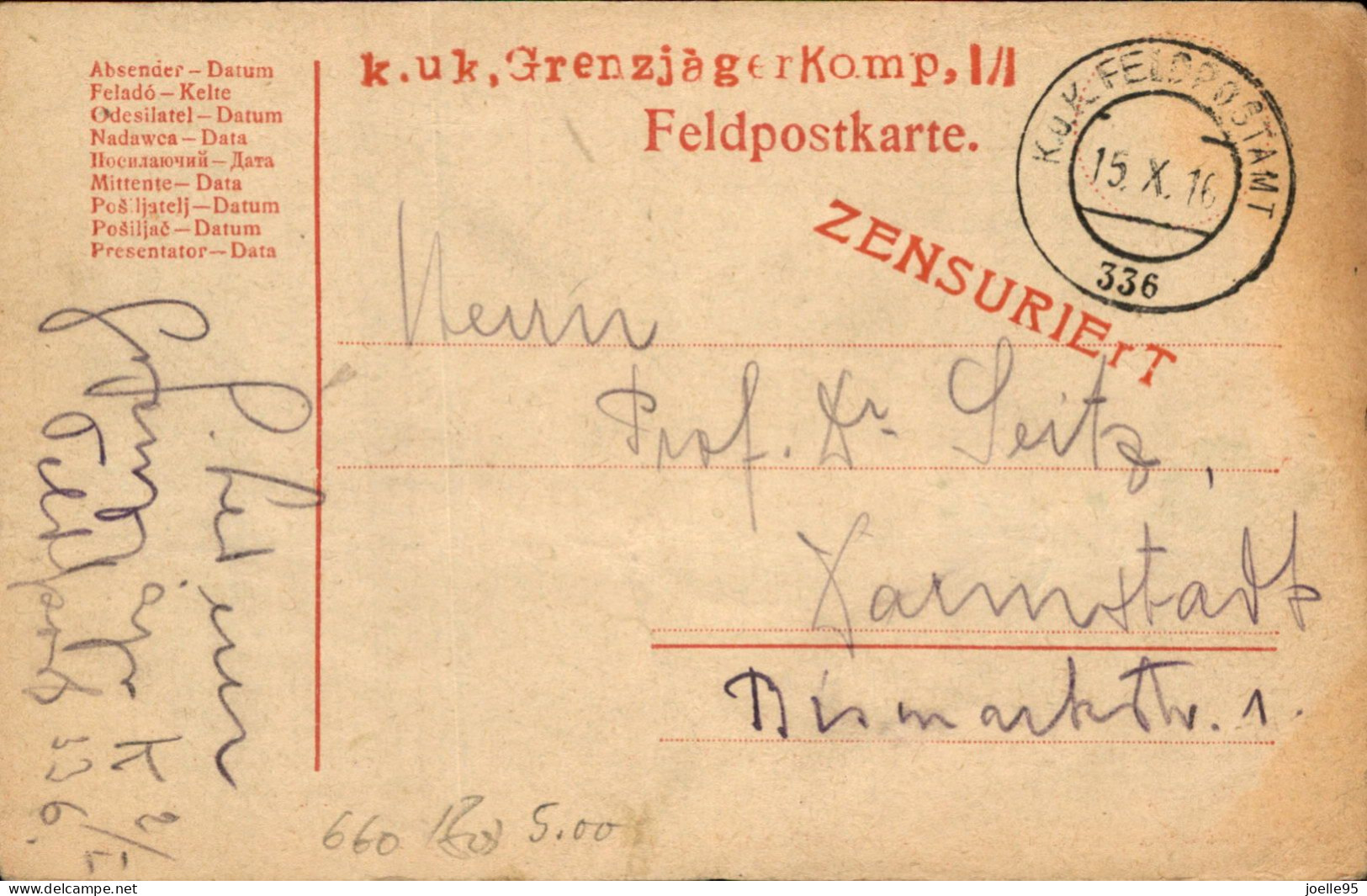 Oostenrijk - Austria - KuK Feldpost - Zensuriert - Grenzjager Kompanie - 1916 - Andere & Zonder Classificatie