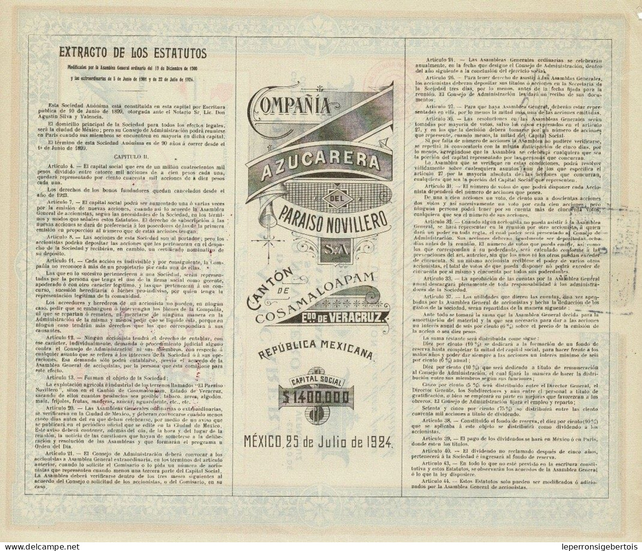 - Titulo De 1924 - Compania Azucarera Del Paraiso NOvillero - Déco - Republica Mexicana - - Mineral