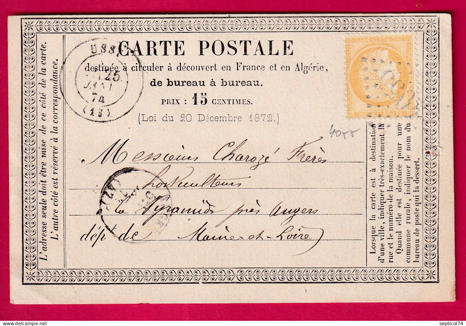 N°59 GC 4055 USSY CALVADOS POUR ANGERS MAINE ET LOIRE CARTE PRECURSEUR LETTRE - 1849-1876: Classic Period