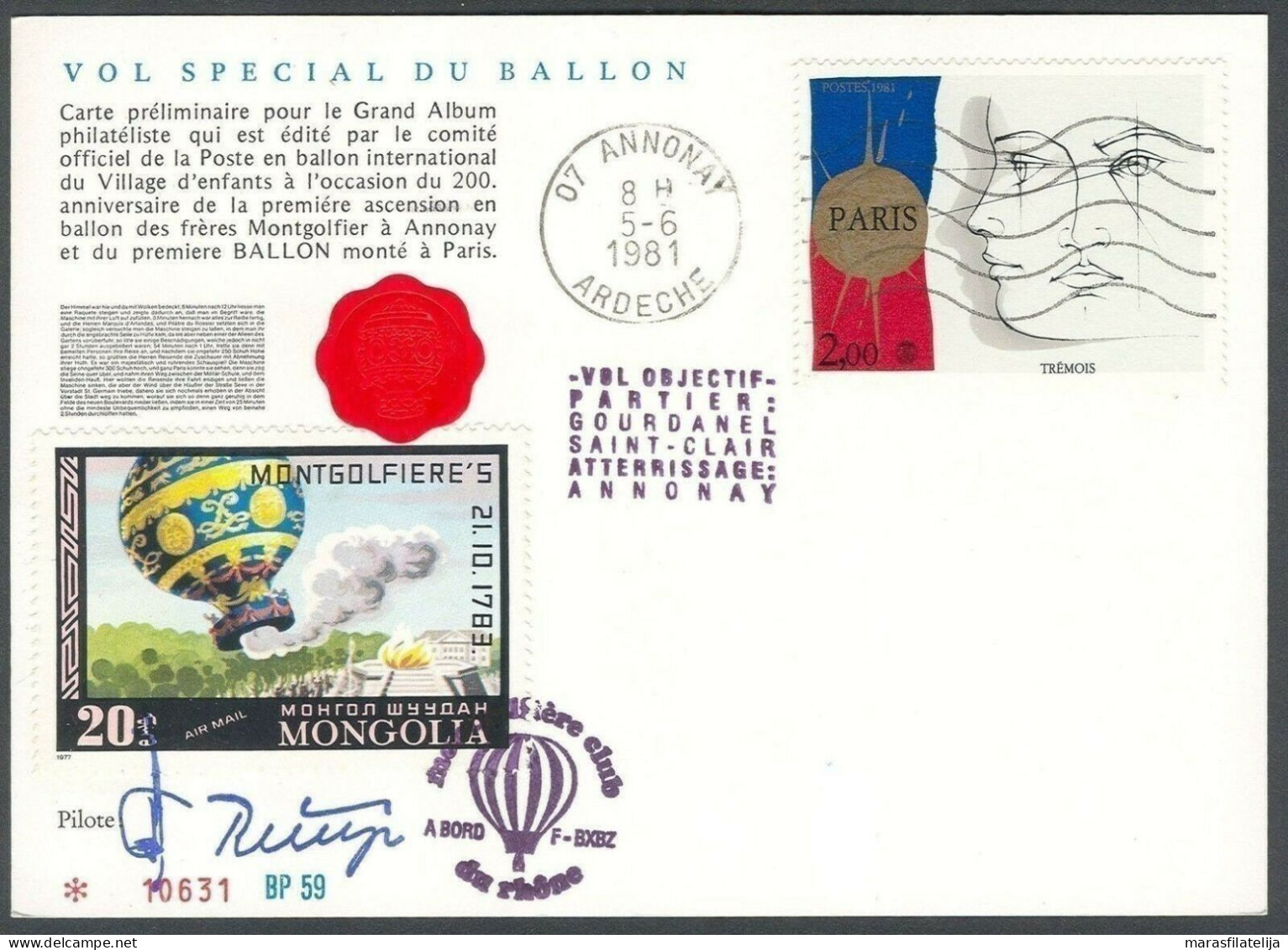 France 1981, Hot Baloon Flight, Spec Card & On Board Postmark (Pilot Signature) - Otros & Sin Clasificación