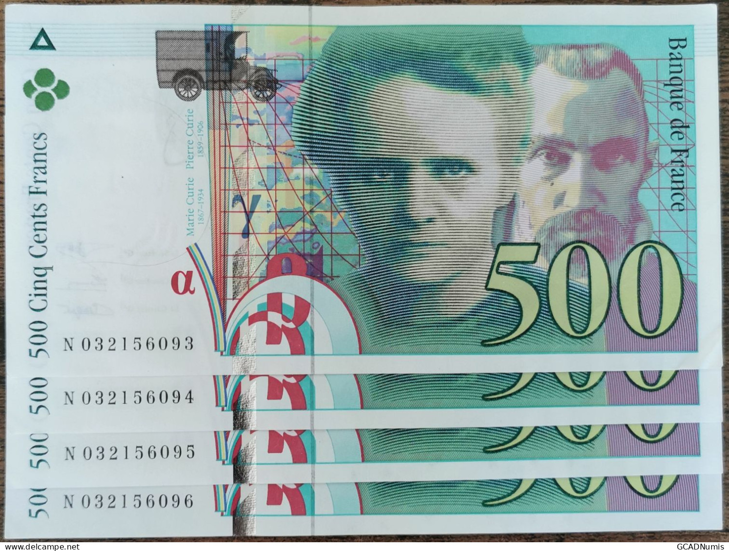 Suite De 4 Billets 500 Francs PIERRE Et MARIE CURIE 1995 - Numéros Consécutifs N032156093 à 096 - 500 F 1994-2000 ''Pierre En Marie Curie''