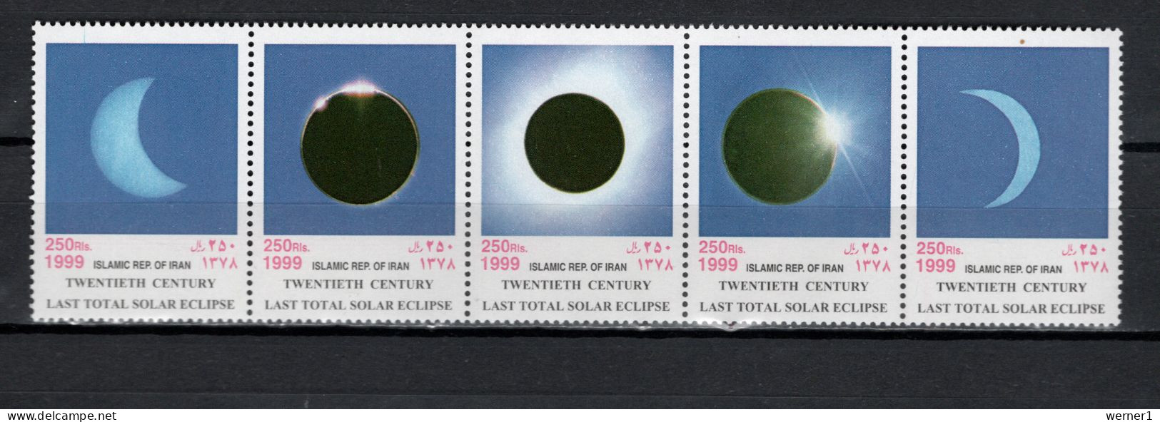 Iran 1999 Space, Total Eclipse Strip Of 5 MNH - Asien