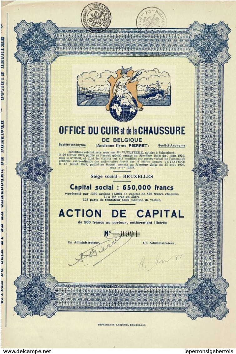- Titre De 1929 - Office Du Cuir Et De La Chaussure De Belgique - Ancienne Firme Pierret - Déco - - Industrial