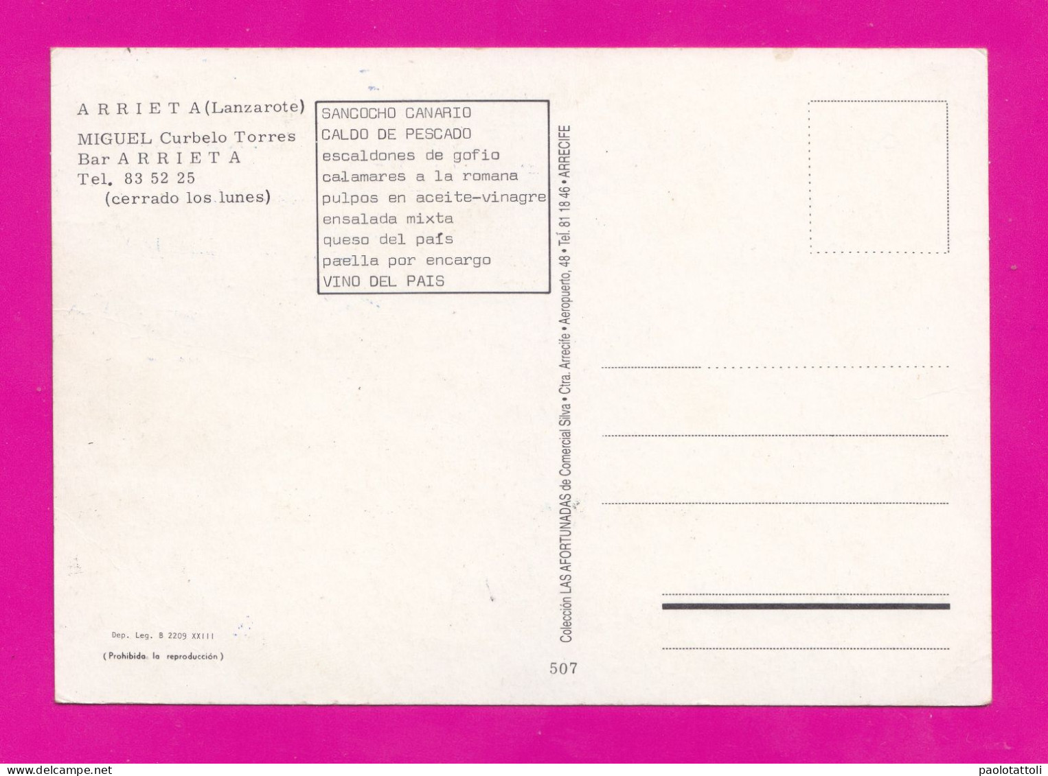 Arrieta, Lanzarote- Bar Arrieta. Miguel Curbelo Torres- New, Standard Size, Divided Back. Ed. Las Afortunadas N° 507 - Lanzarote