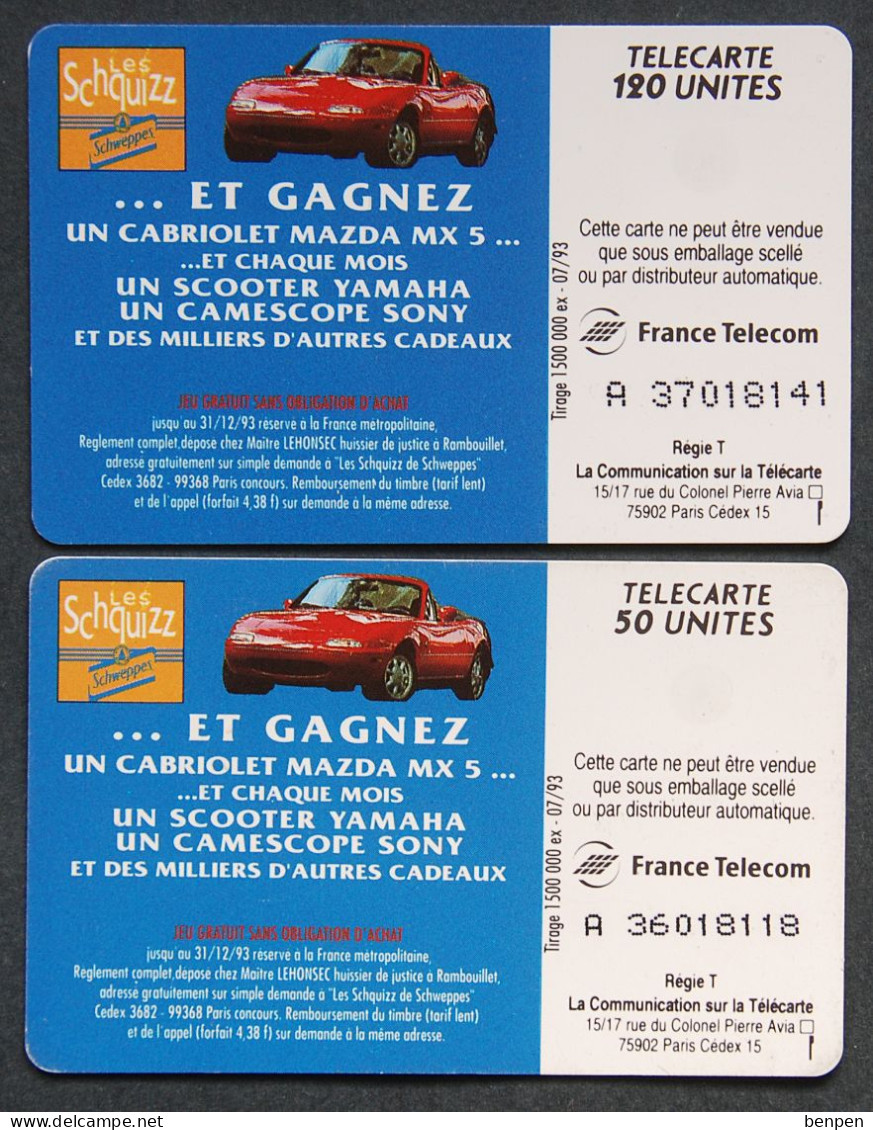 Télécartes SCHWEPPES Dry Lemon Quizz 1993 Cabriolet Mazda MX5 Scooter Yamaha  50U 120U France Telecom - Unclassified