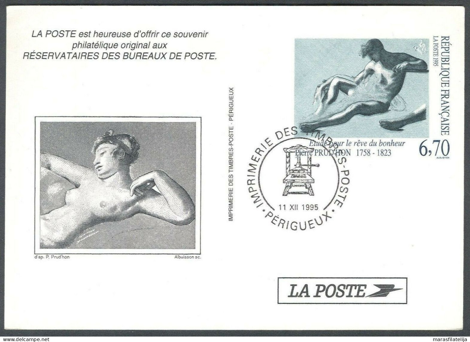 France 1995, Art, Pierre-Paul Prudʼhon, Dream Of Happiness, Stationery Card - Autres & Non Classés