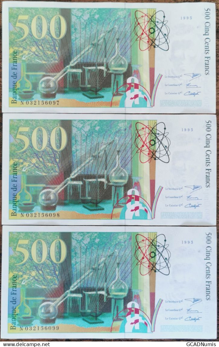 Suite De 3 Billets 500 Francs PIERRE Et MARIE CURIE 1995 - Numéros Consécutifs N032156097 à 099 - 500 F 1994-2000 ''Pierre En Marie Curie''