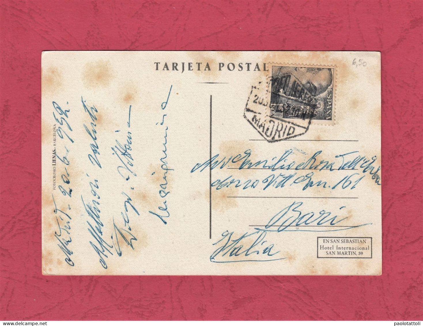 Madrid. Hotel Internacional- Small Size, Divided Back, Ed. Lienas. Cancelled And Mailed To Bari On 20.6.1952. - Madrid