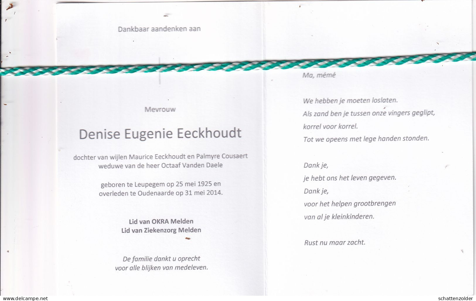 Denise Eugenie Eeckhoudt-Vanden Daele, Leupegem 1925, Oudenaarde 2014. Foto - Obituary Notices