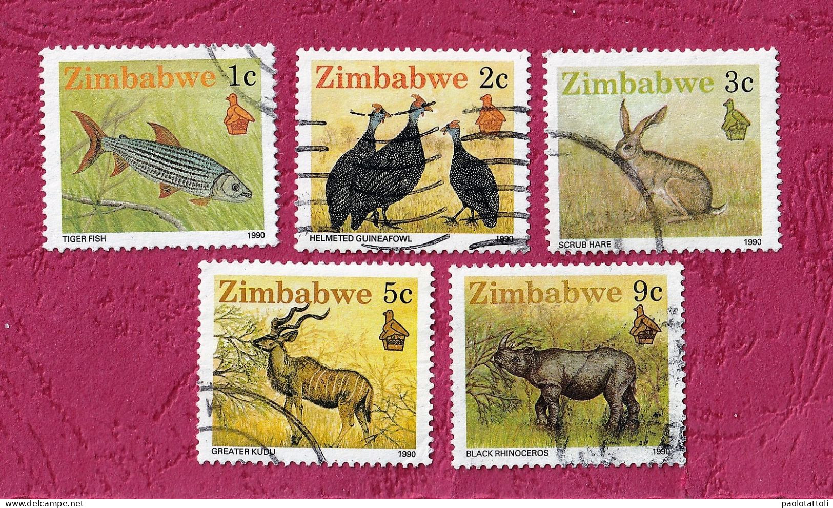 Zimbabwe, 1990- Animals. Tiger Fish, Guineafowl, Scrub Hare, Kudu, Rhinoceros. Lot Of Five Stamps. UsedNH - Zimbabwe (1980-...)