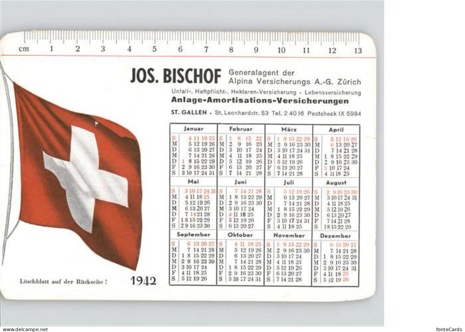 11389167 St Gallen SG Jahreskalender 1942 Jos. Bischof Alpina Versicherung St. G - Other & Unclassified