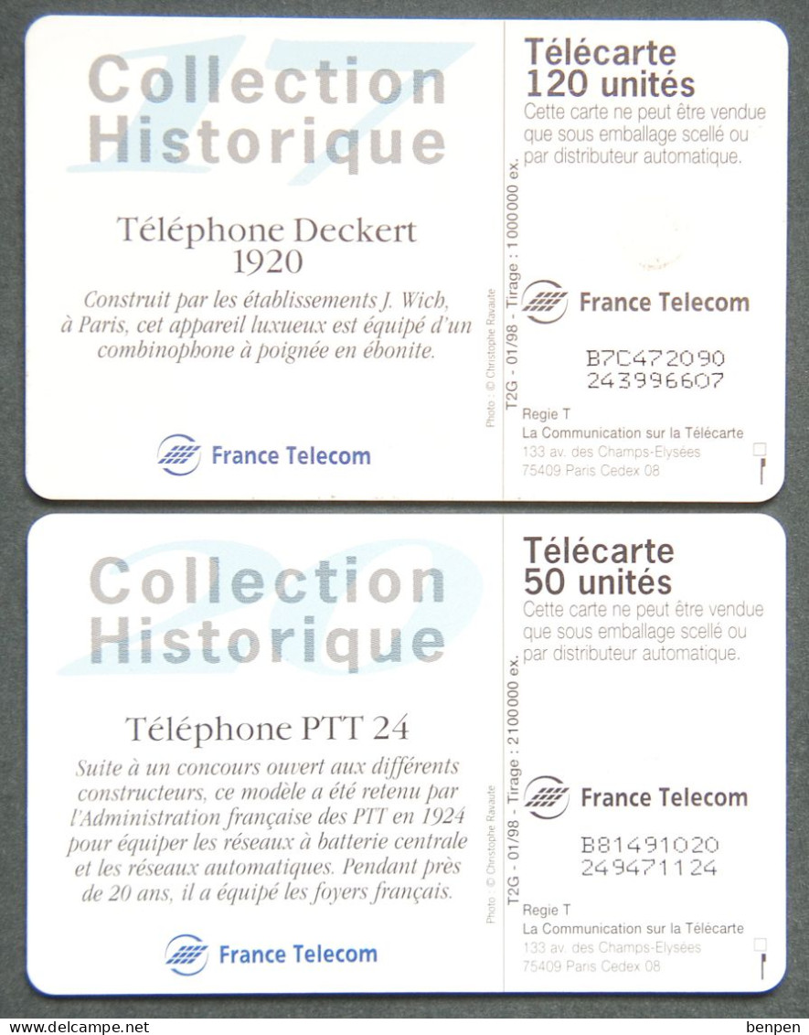 Télécartes Téléphone PTT 24 & Deckert 1920 Wich Paris ébonite 1998 50U 120U France Telecom Collection Historique - Non Classés