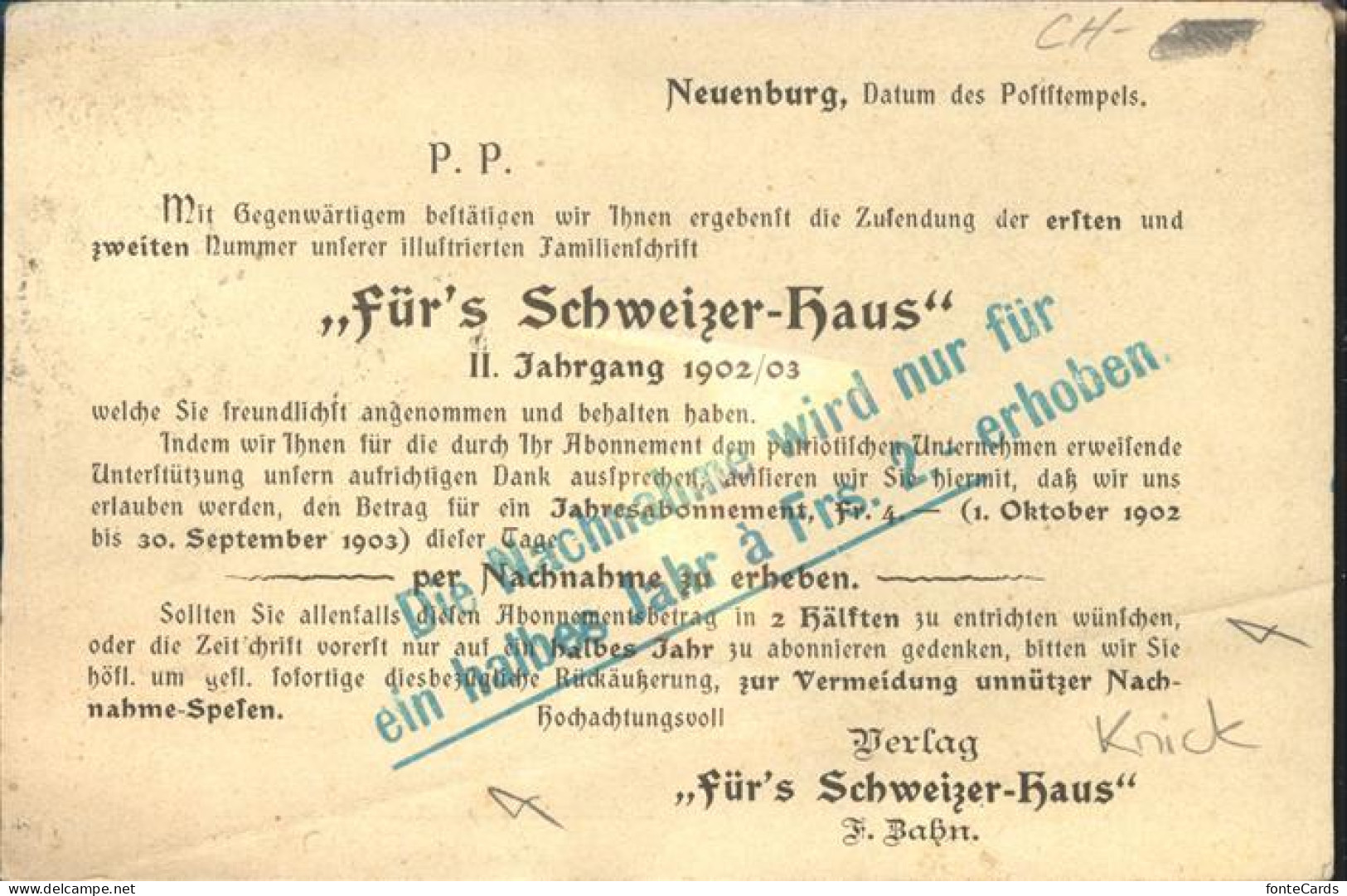 11385970 Neuenburg NE Verlag Fuer's Schweizer Haus Neuenburg NE - Altri & Non Classificati