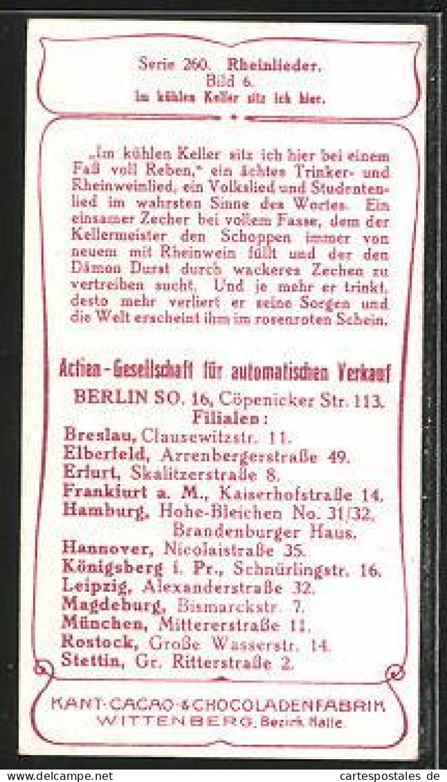 Sammelbild Kant-Cacao, Rheinlieder, Im Kühlen Keller Sitz Ich Hier, Weinfass  - Other & Unclassified