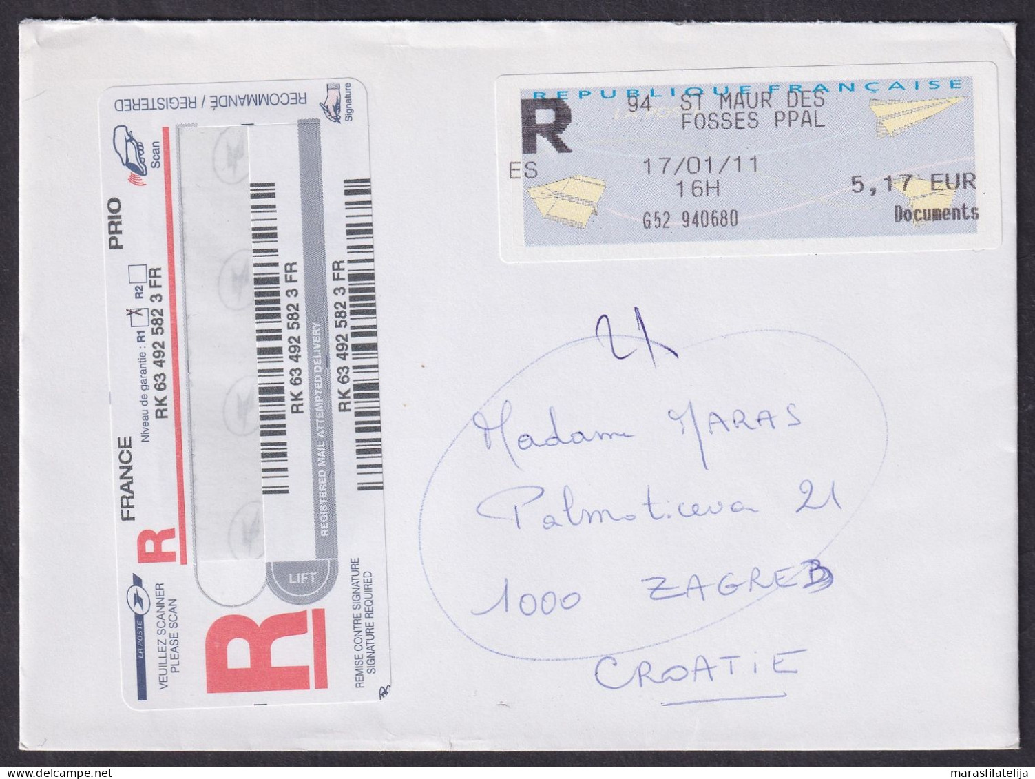 France 2011, Registered Letter To Croatia - Autres & Non Classés