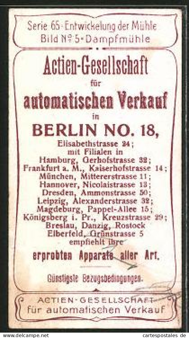 Sammelbild Actien-Gesellschaft Für Den Automatischen Verkauf, Berlin, Entwicklung Der Mühle, Dampfmühle  - Altri & Non Classificati