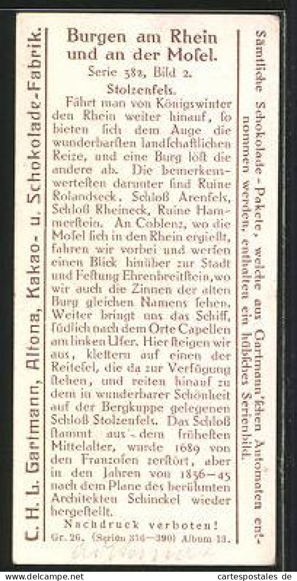 Sammelbild Gartmann-Chocolade, Burgen Am Rhein Und An Der Mosel, Stolzenfels  - Andere & Zonder Classificatie