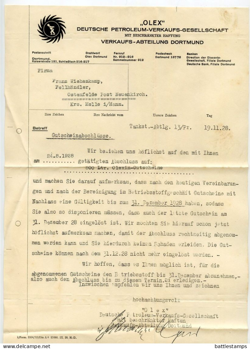 Germany 1928 Cover & Letter; Dortmund - „OLEX" Deutsche Petroleum-Verkaufs-Gesellschaft; 15pf. Immanuel Kant - Storia Postale