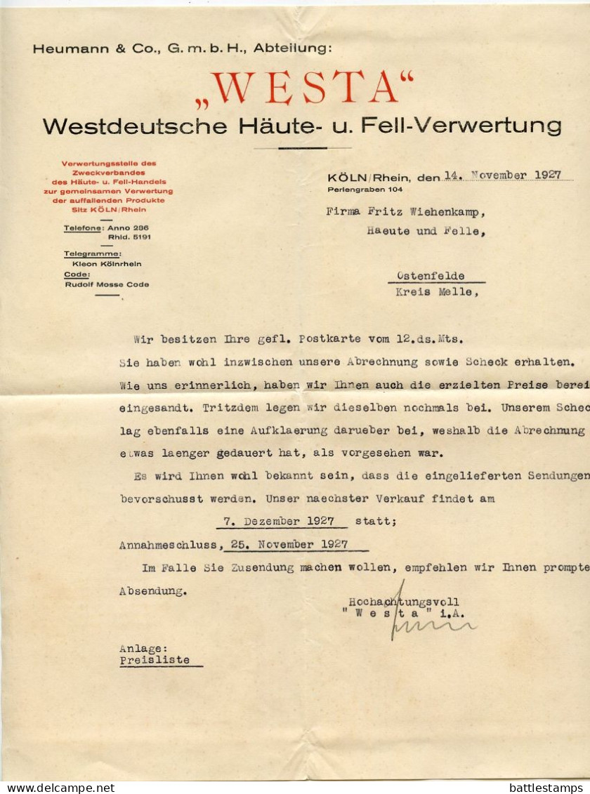 Germany 1927 Cover W/ Letter & Price List; Köln - WESTA, Westdeutsche Häute- U. Fell-Verwertung; 15pf. Immanuel Kant - Covers & Documents