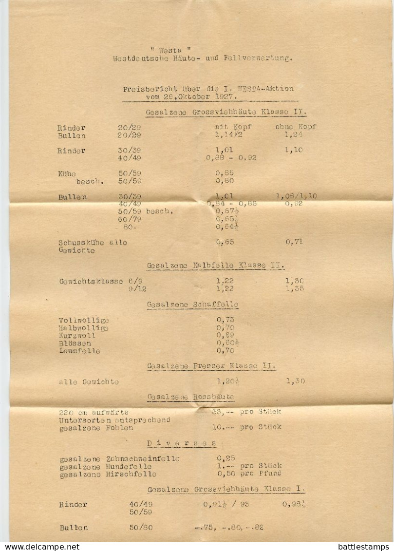 Germany 1927 Cover W/ Letter & Price List; Köln - WESTA, Westdeutsche Häute- U. Fell-Verwertung; 15pf. Immanuel Kant - Storia Postale