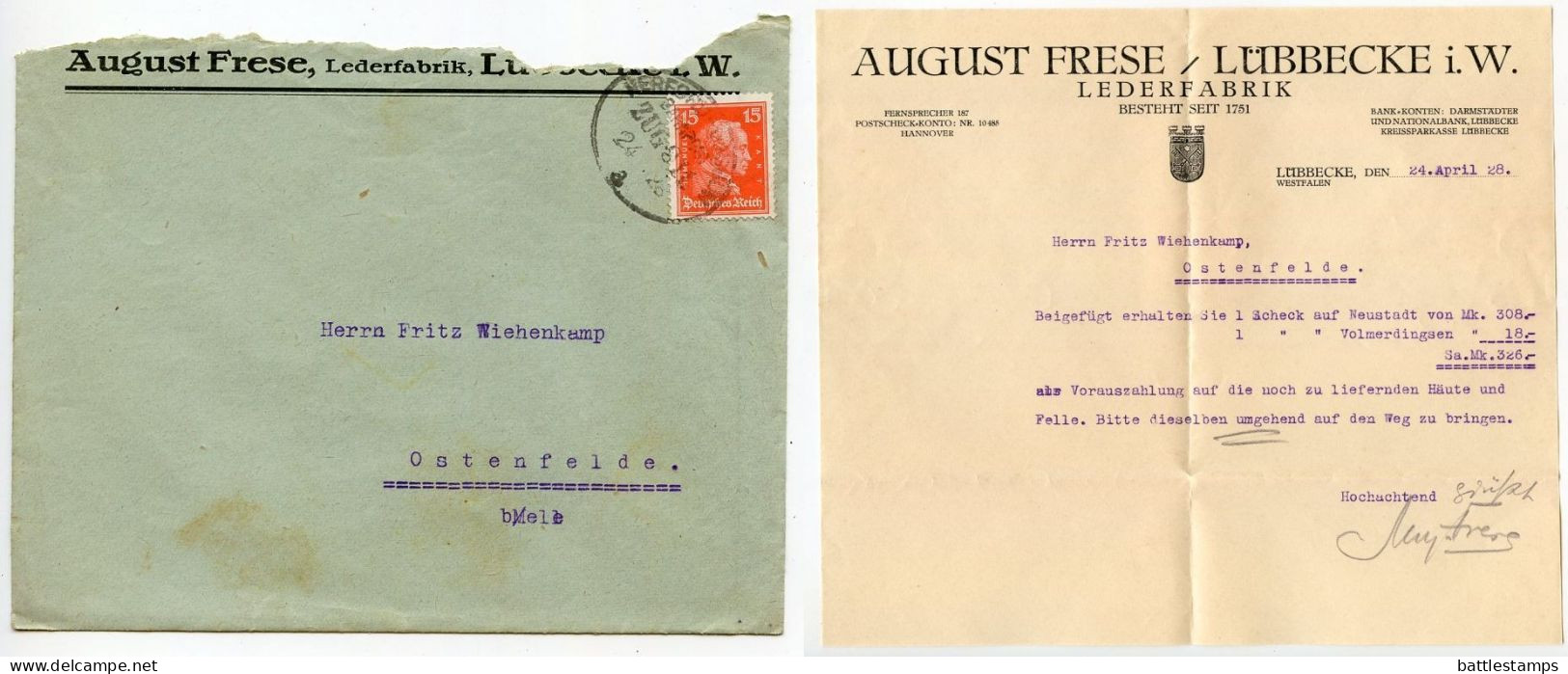 Germany 1928 Cover & Letter; Lübbecke - August Frese, Lederfabrik; 15pf. Immanuel Kant; Herford-Bassum Bahnpost Postmark - Storia Postale