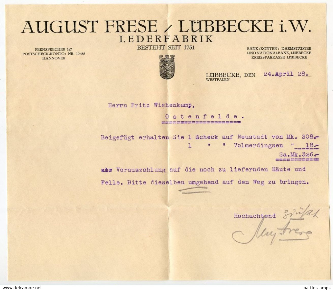 Germany 1928 Cover & Letter; Lübbecke - August Frese, Lederfabrik; 15pf. Immanuel Kant; Herford-Bassum Bahnpost Postmark - Cartas & Documentos