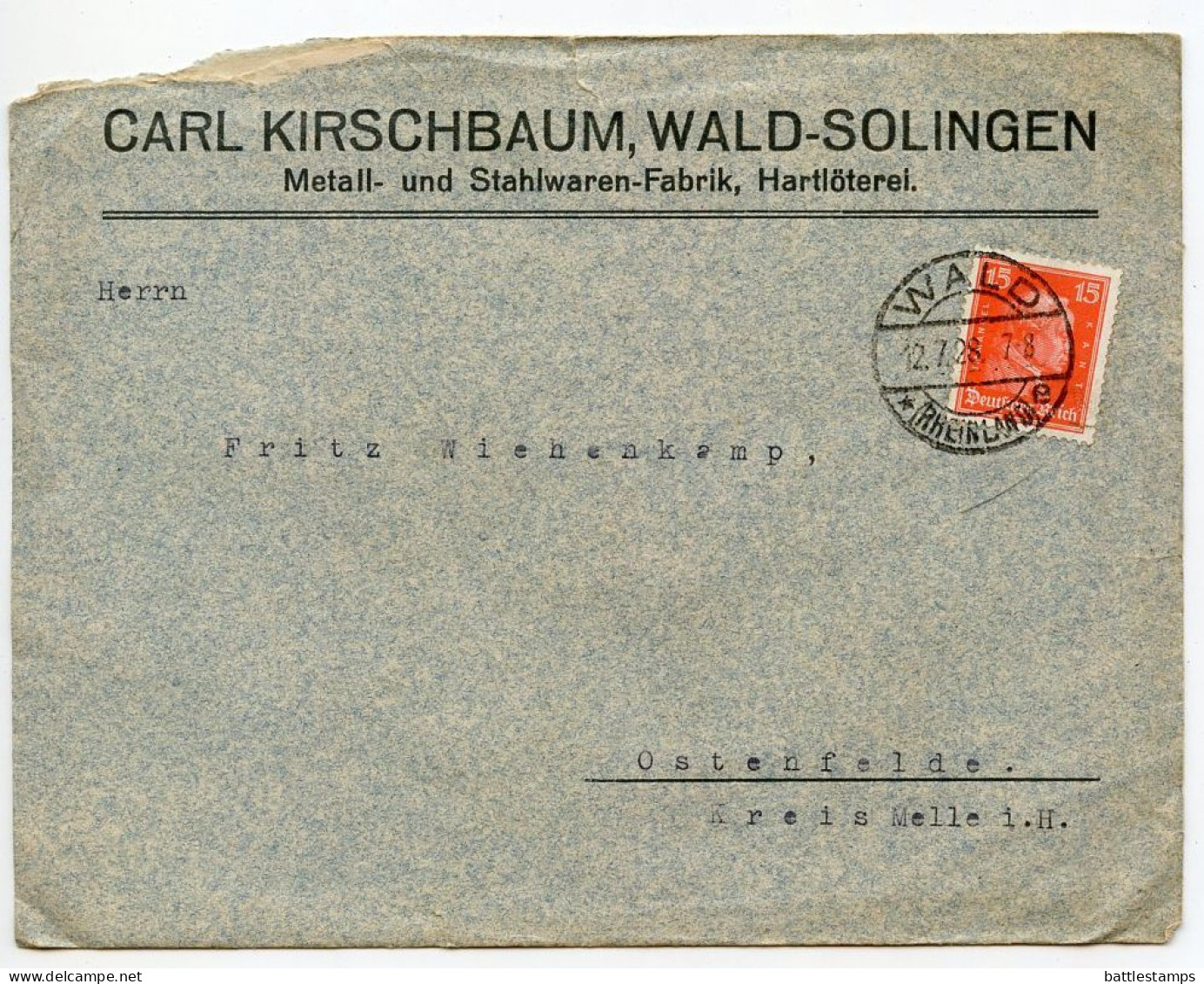 Germany 1928 Cover & Invoice; Wald (Rhineland) - Carl Kirschbaum, Metall- Und Stahlwaren-Fabrik; 15pf. Kant - Covers & Documents