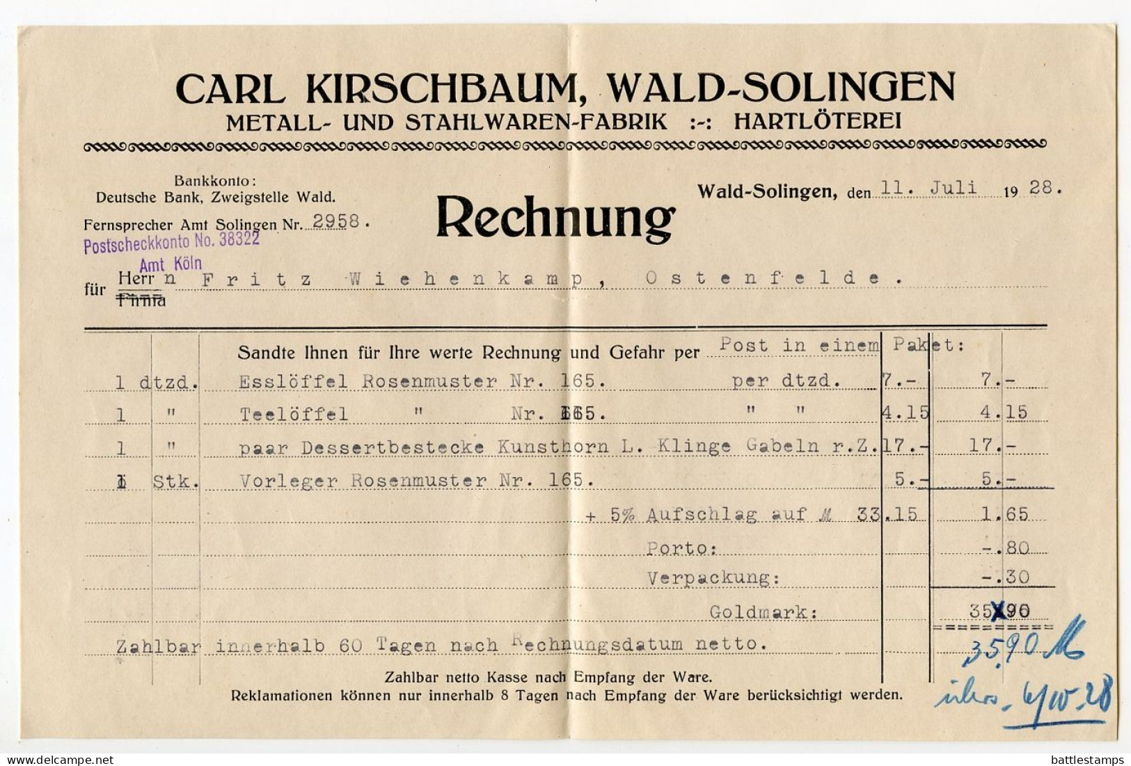 Germany 1928 Cover & Invoice; Wald (Rhineland) - Carl Kirschbaum, Metall- Und Stahlwaren-Fabrik; 15pf. Kant - Brieven En Documenten