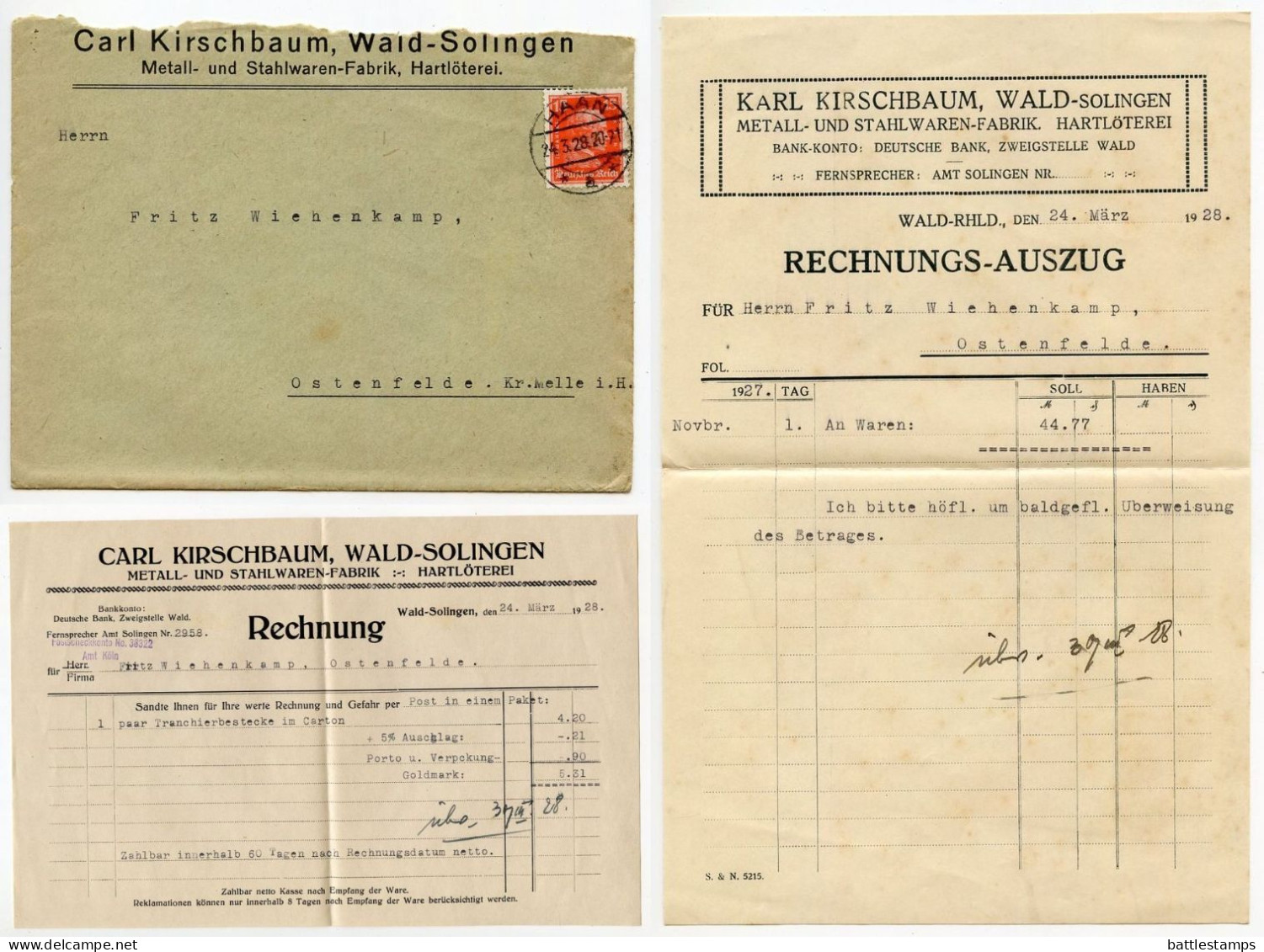 Germany 1928 Cover & Invoices; Haan - Carl Kirschbaum, Metall- Und Stahlwaren-Fabrik; 15pf. Immanuel Kant - Brieven En Documenten