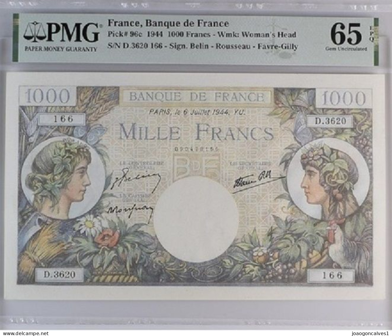 NOTA - FRANÇA - 1000 FRANCS - Pick 96c - 1944 - PMG 65 EPQ - Autres & Non Classés