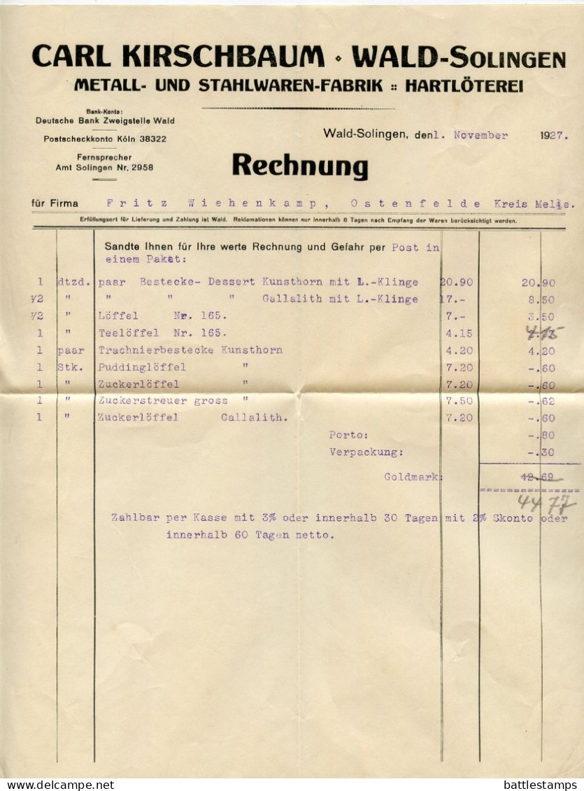 Germany 1927 Cover & Invoice; Ohligs - Carl Kirschbaum, Metall- Und Stahlwaren-Fabrik; 15pf. Immanuel Kant - Storia Postale