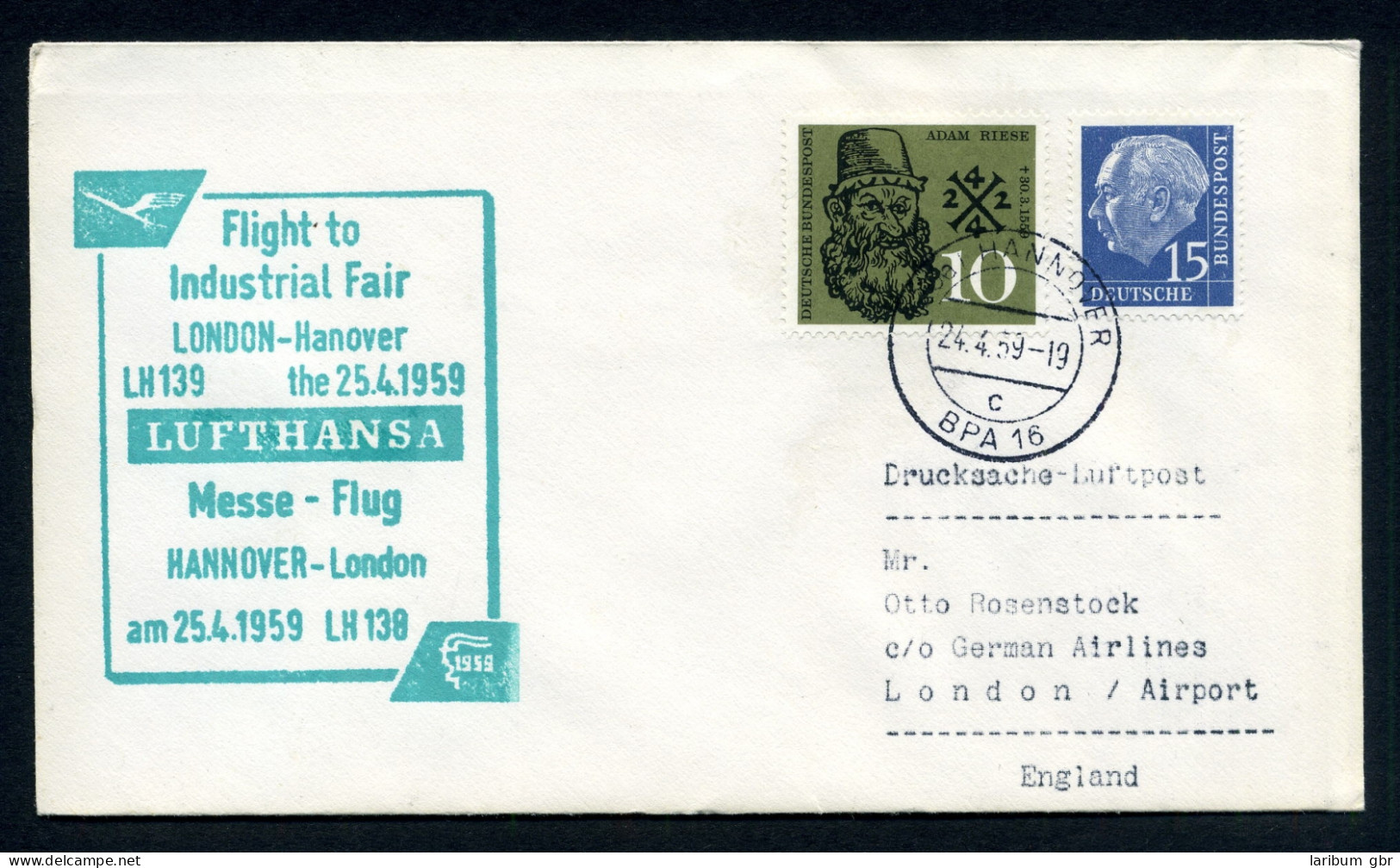 Bund LH Messeerstflug Hannover - London 25.4.1959 Mischfrankatur #IN248 - Other & Unclassified